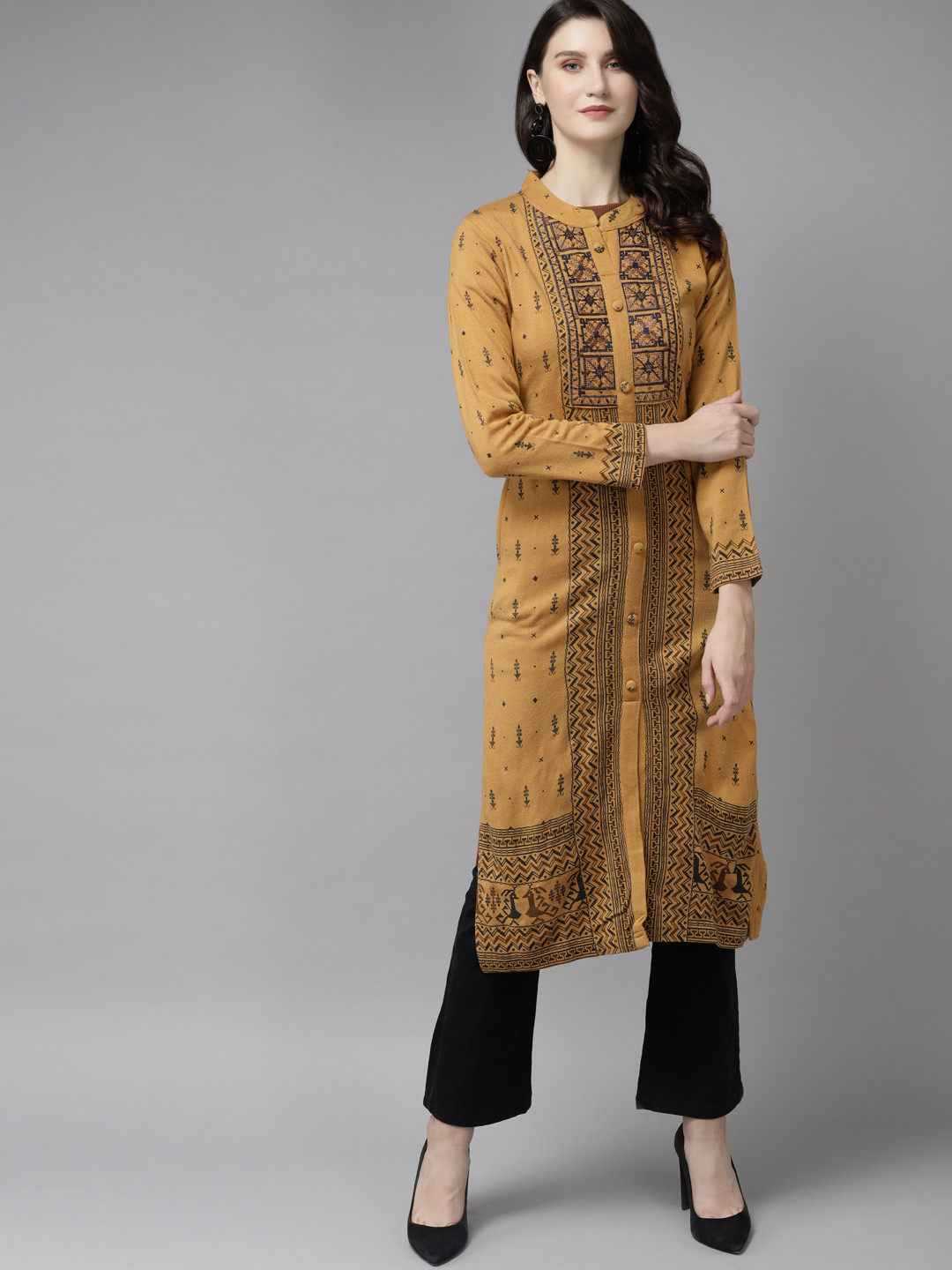 

Cayman Women Mustard Yellow & Charcoal Grey Woven Design Pure Wool Straight Winter Kurta