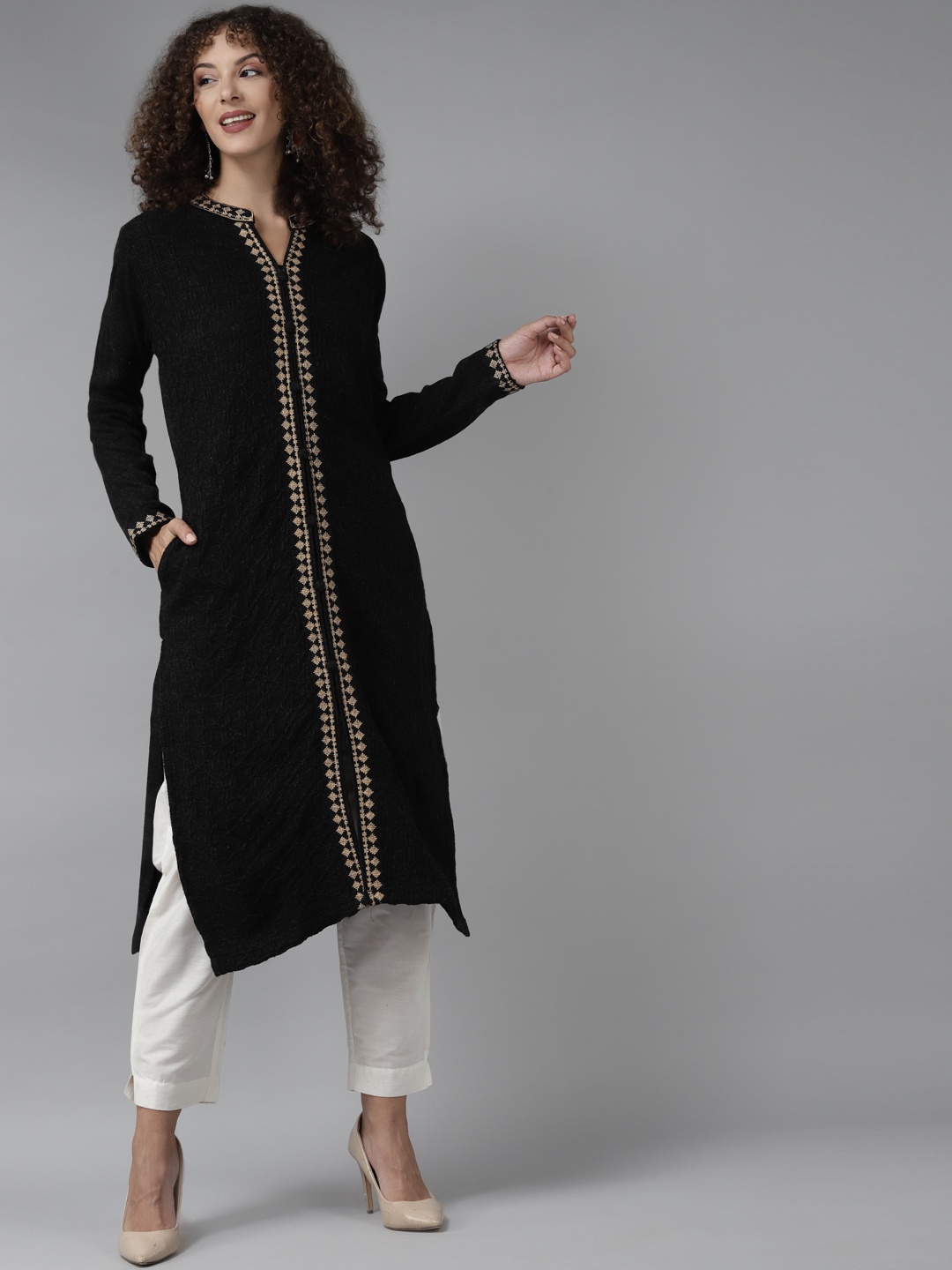 

Cayman Women Black Geometric Woven Design Woollen Straight Winter Kurta