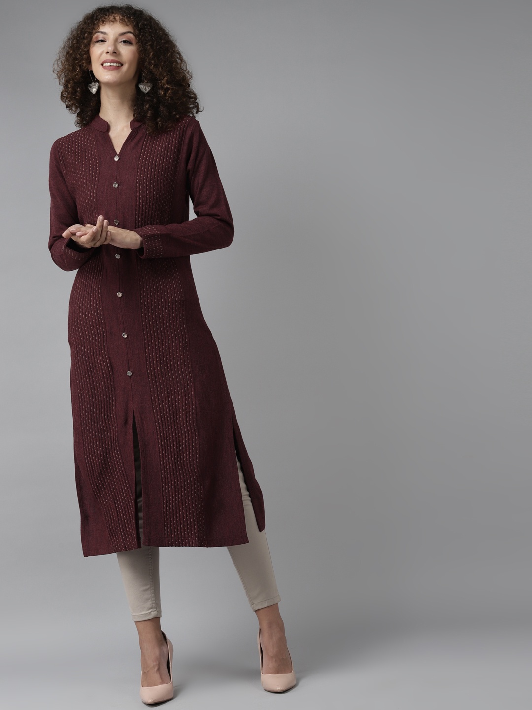 

Cayman Women Maroon & Beige Woven Design Woollen Straight Winter Kurta