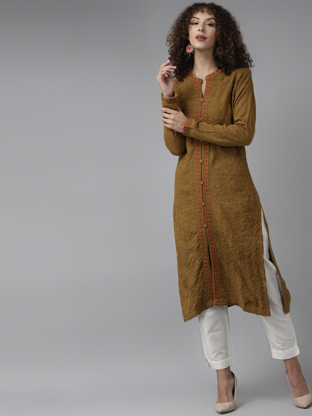 

Cayman Women Mustard Yellow Geometric Woven Design Woollen Straight Winter Kurta