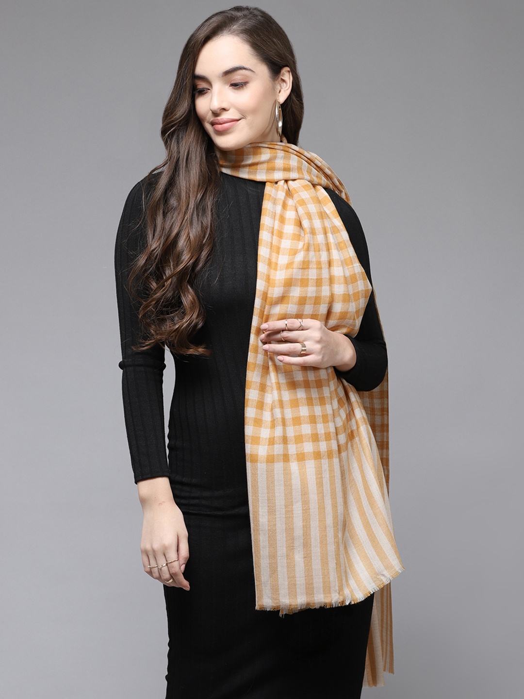 

Cayman Women Mustard & Beige Woollen Checked Shawl