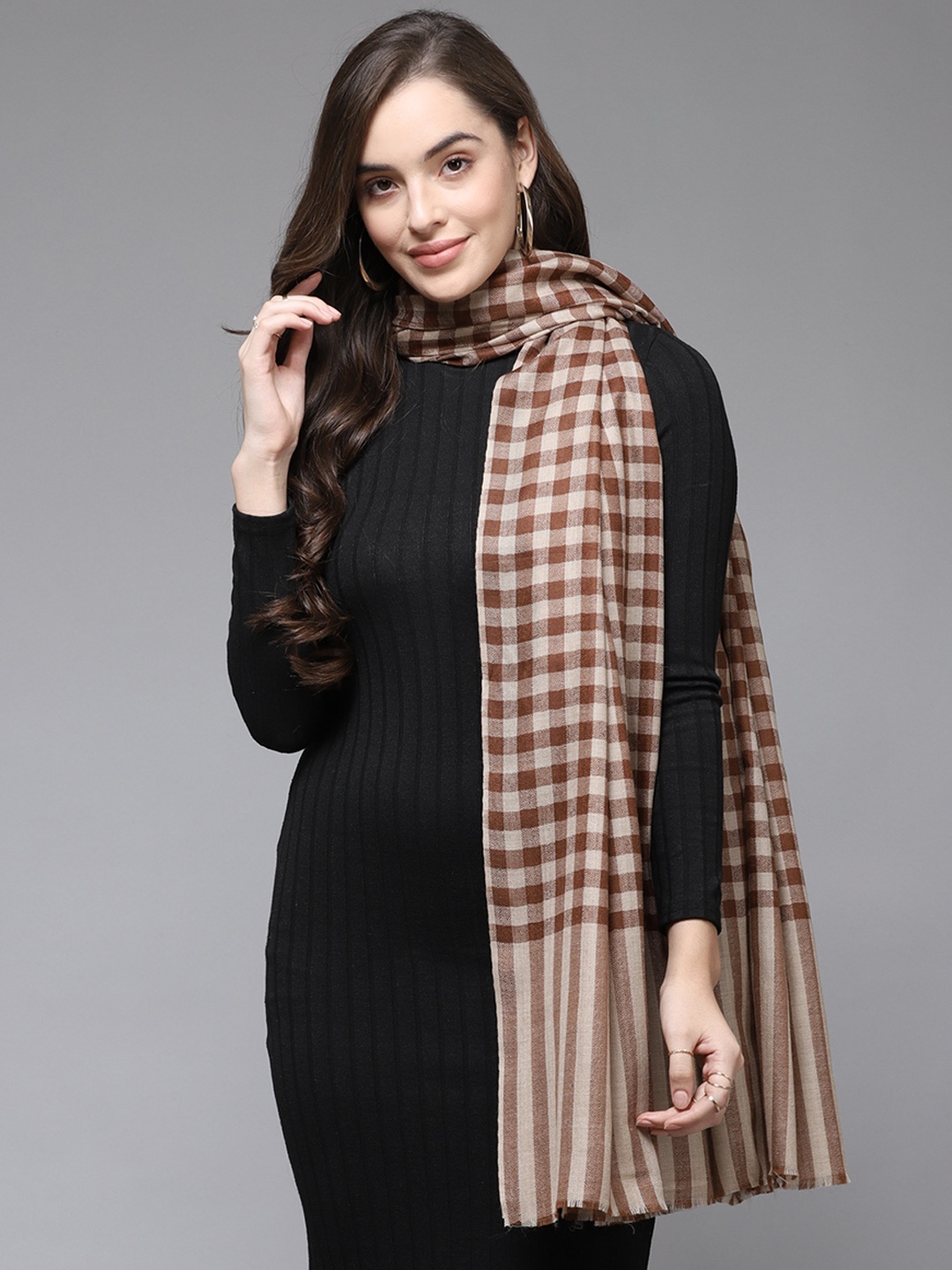 

Cayman Women Beige & Brown Woollen Checked Shawl