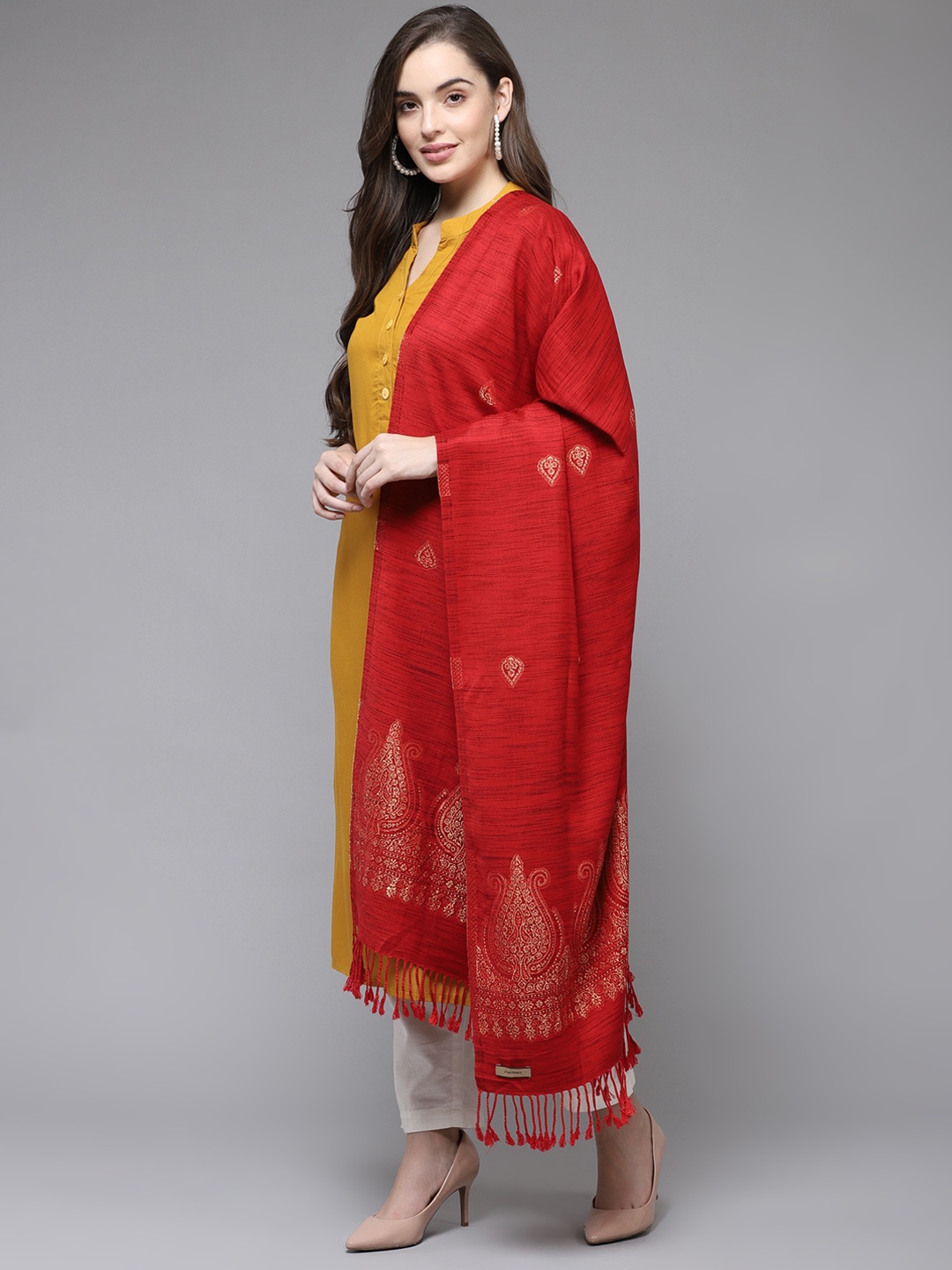 

Cayman Women Red & Yellow Ethnic Motifs Woven Design Shawl