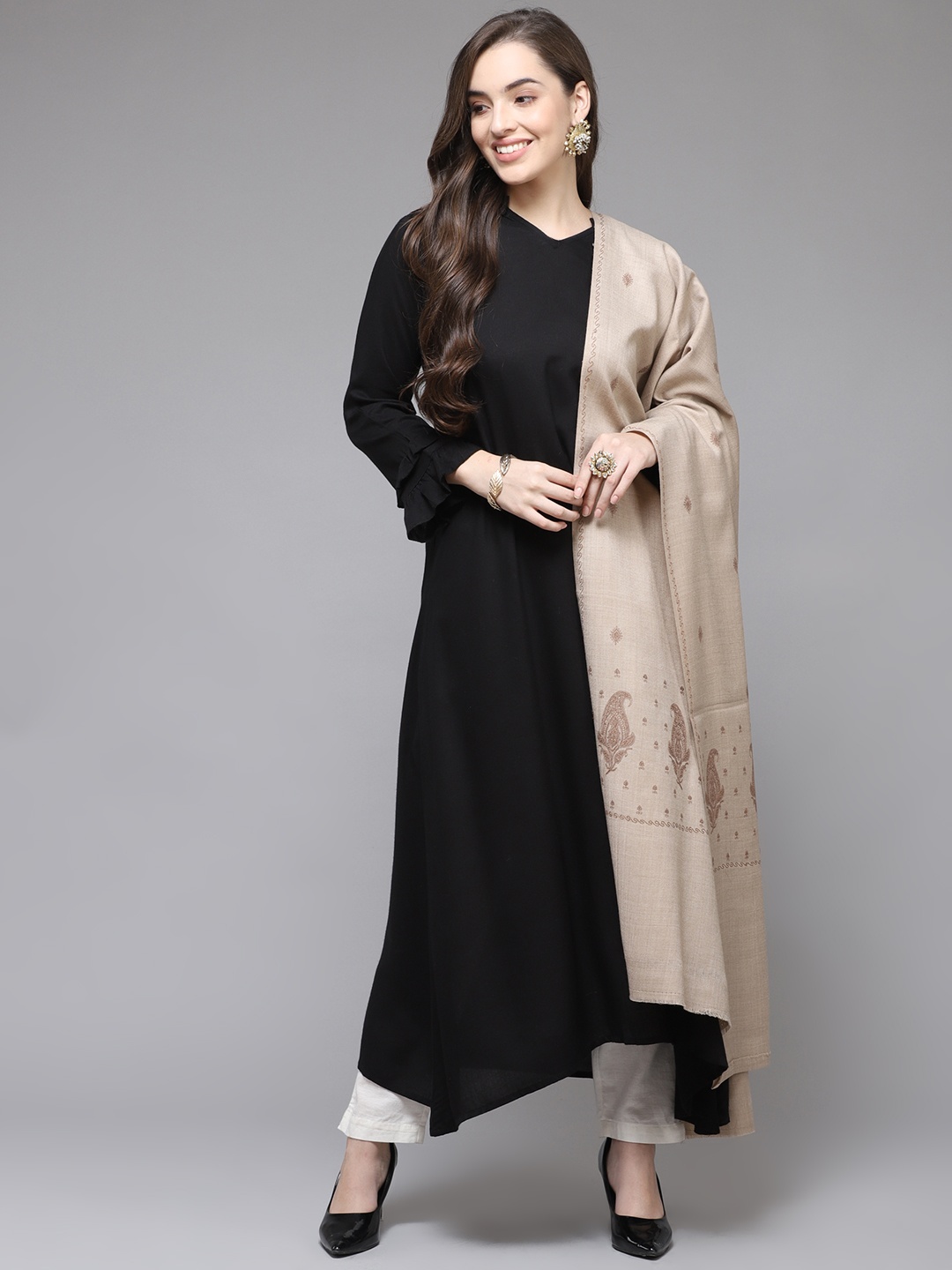 

Cayman Women Beige & Brown Woollen Woven Design Shawl