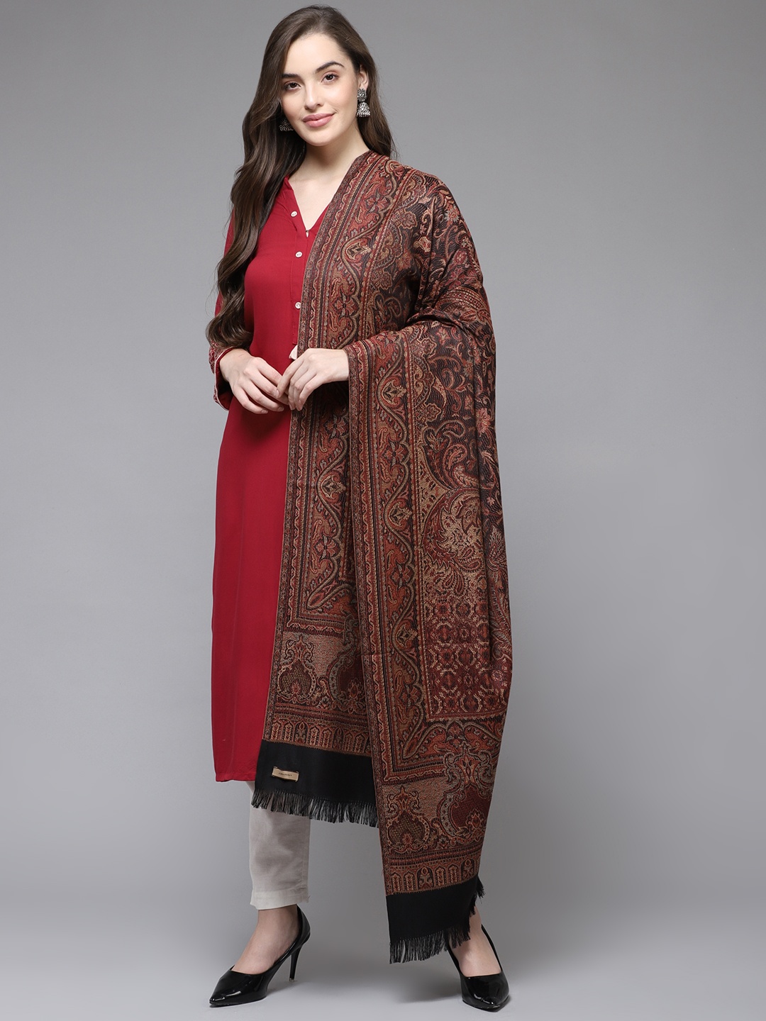 

Cayman Women Maroon & Beige Ethnic Motifs Woven Design Shawl