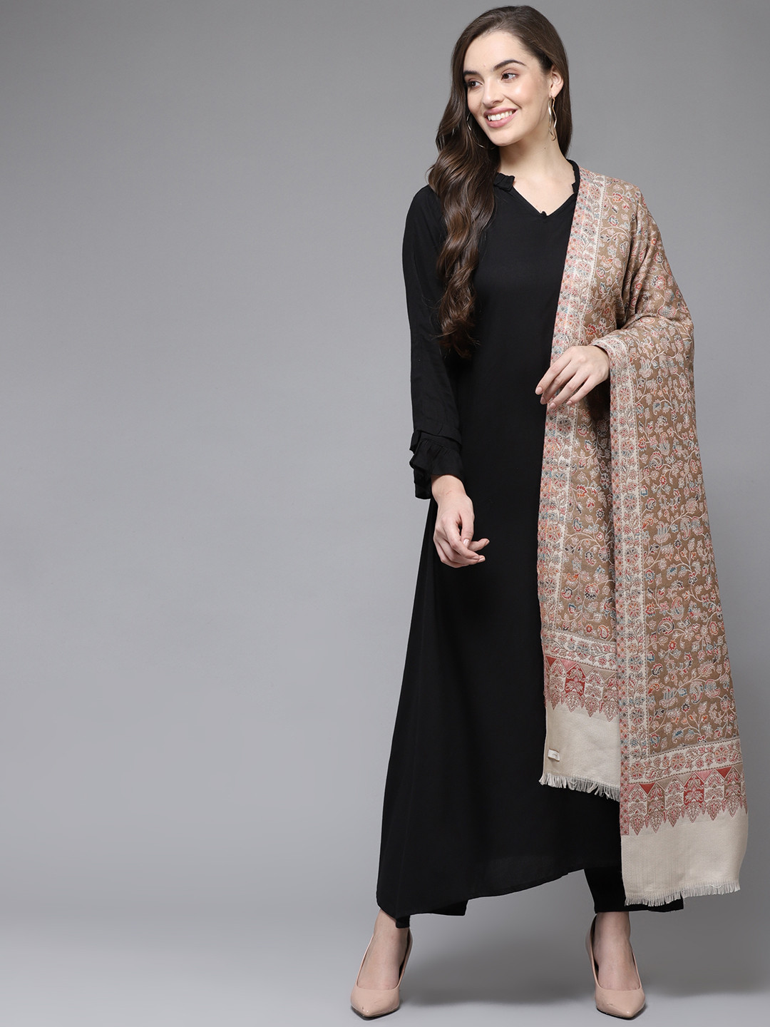 

Cayman Women Beige & Brown Woollen Woven Design Shawl