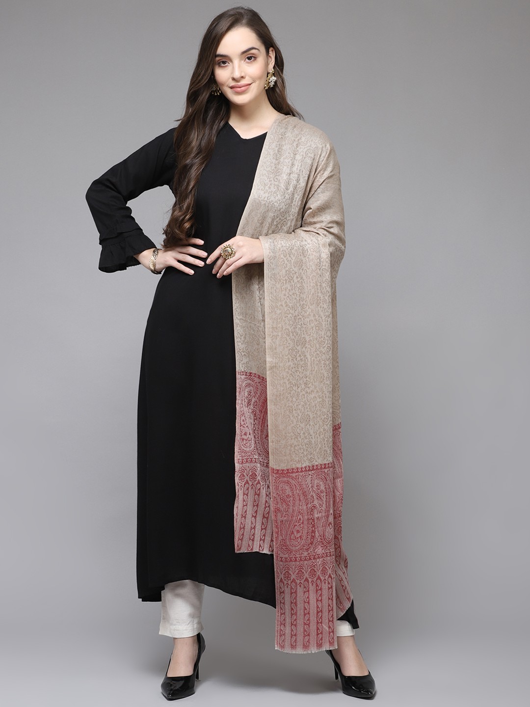 

Cayman Women Beige & Red Woollen Woven Design Shawl