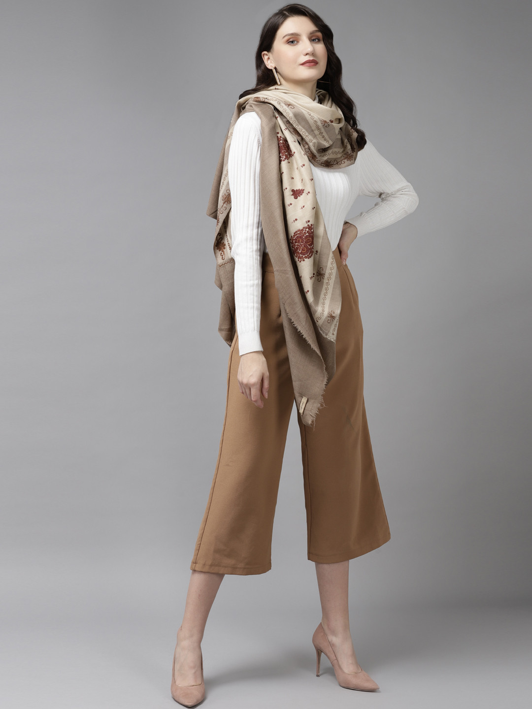 

Cayman Women Beige & Maroon Embroidered Stole