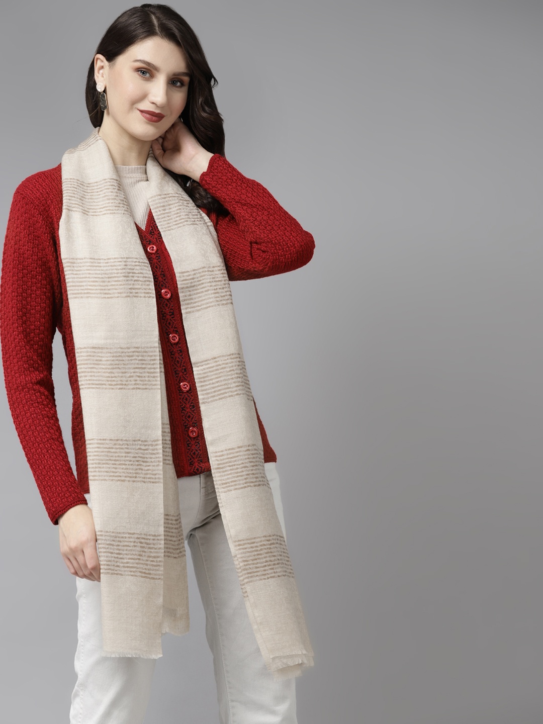 

Cayman Women Beige & Off-White Striped Woollen Stole