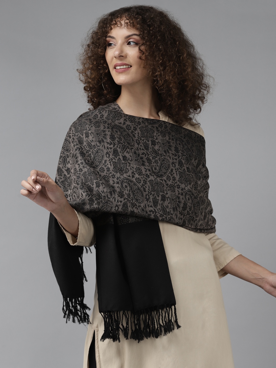 

Cayman Women Black & Charcoal Grey Woven Design Woollen Stole