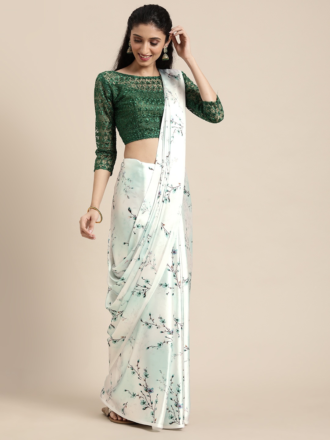

Mitera Sea Green Floral Satin Saree