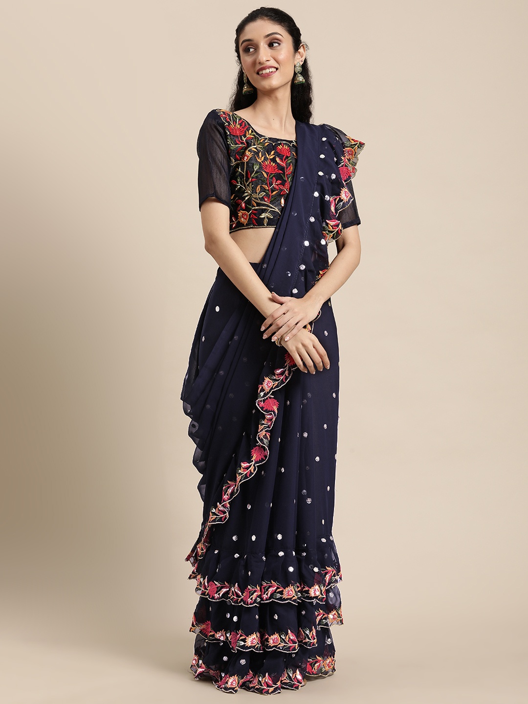 

Mitera Navy Blue & Red Sequinned Pure Georgette Ruffle Saree