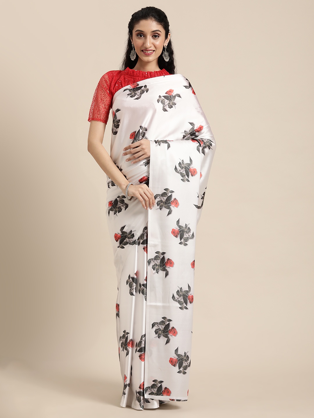

Mitera White & Red Floral Satin Saree