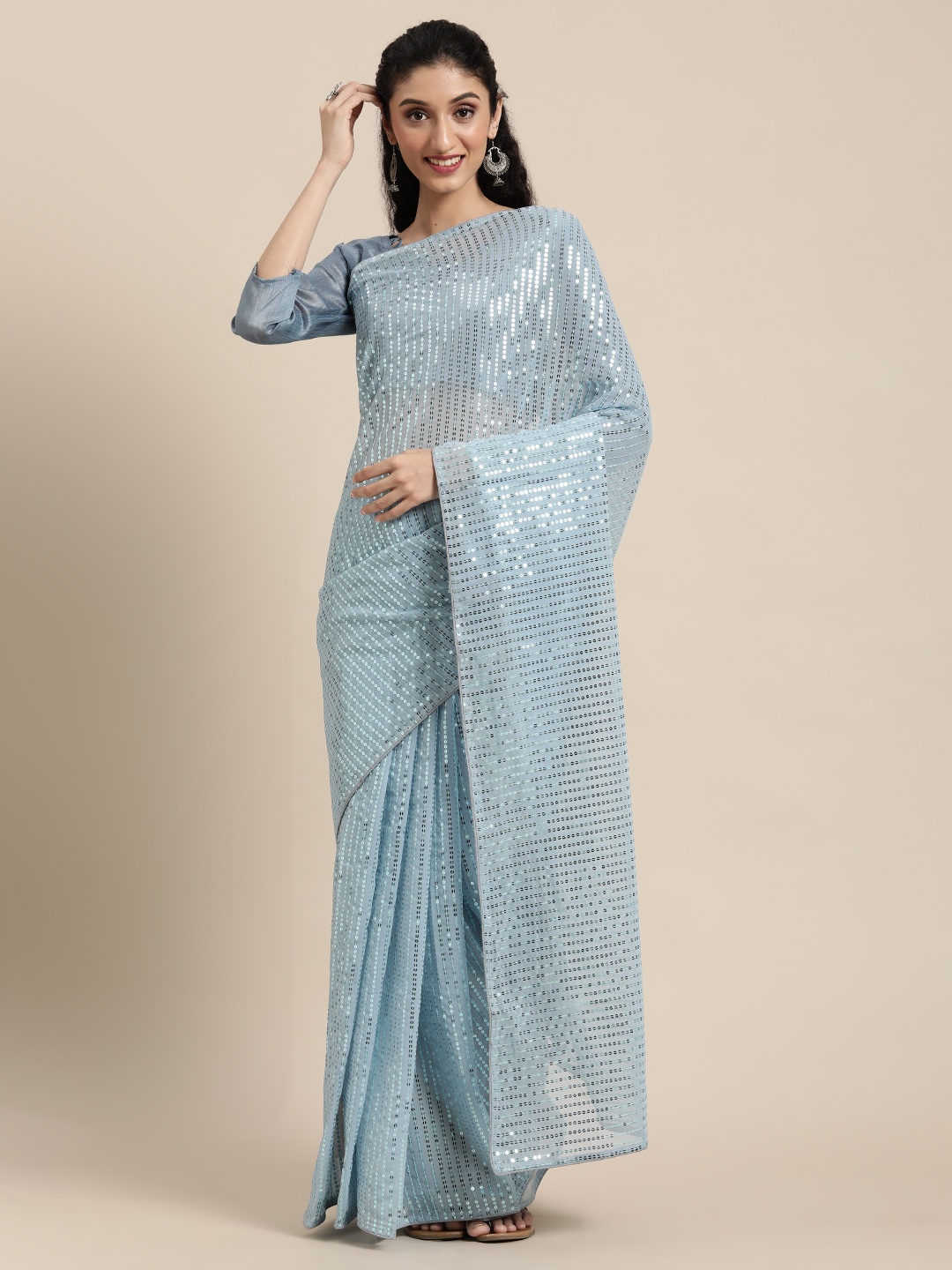 

Mitera Blue Striped Sequinned Pure Georgette Saree