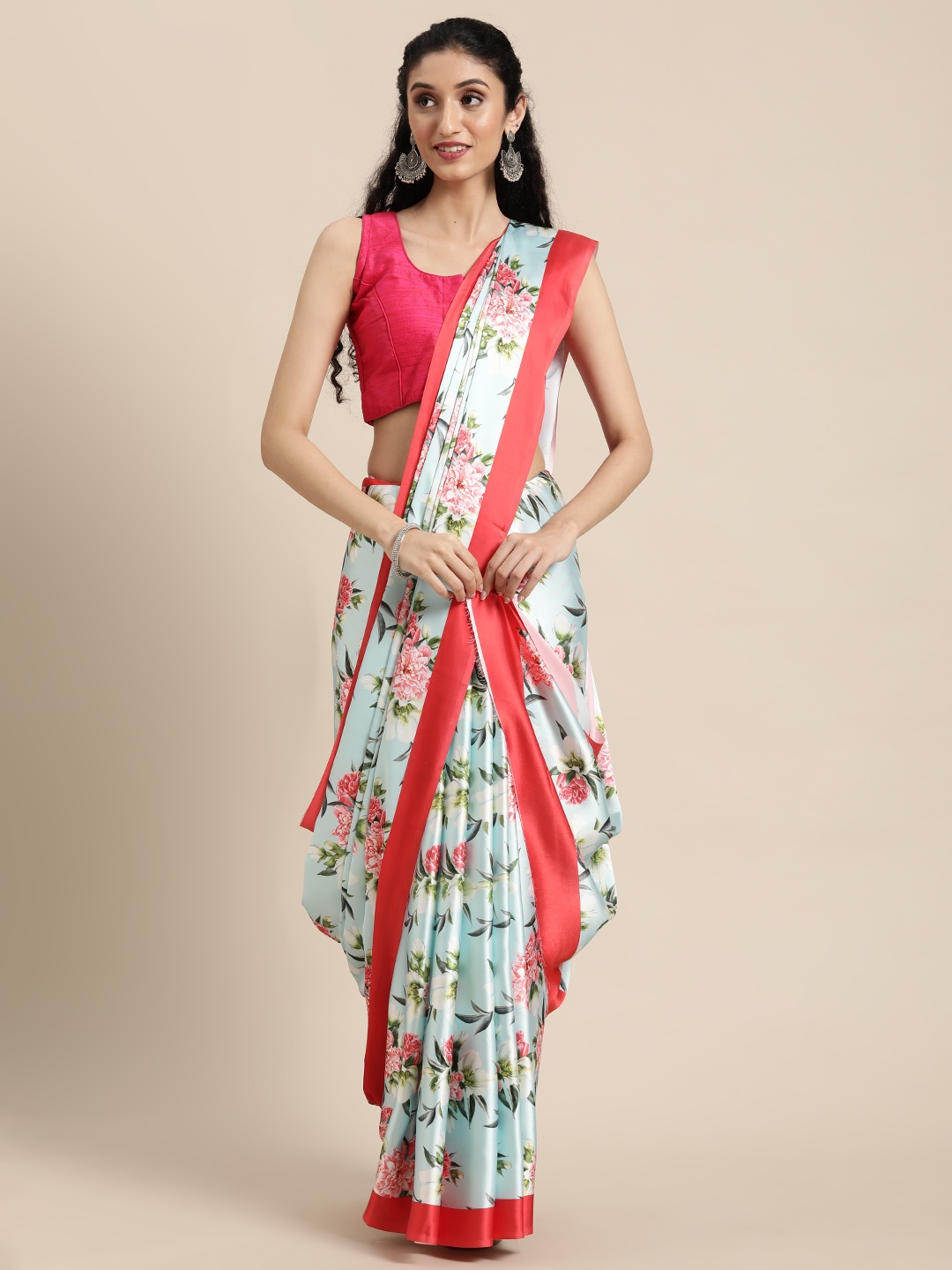

Mitera Turquoise Blue & Red Floral Satin Saree