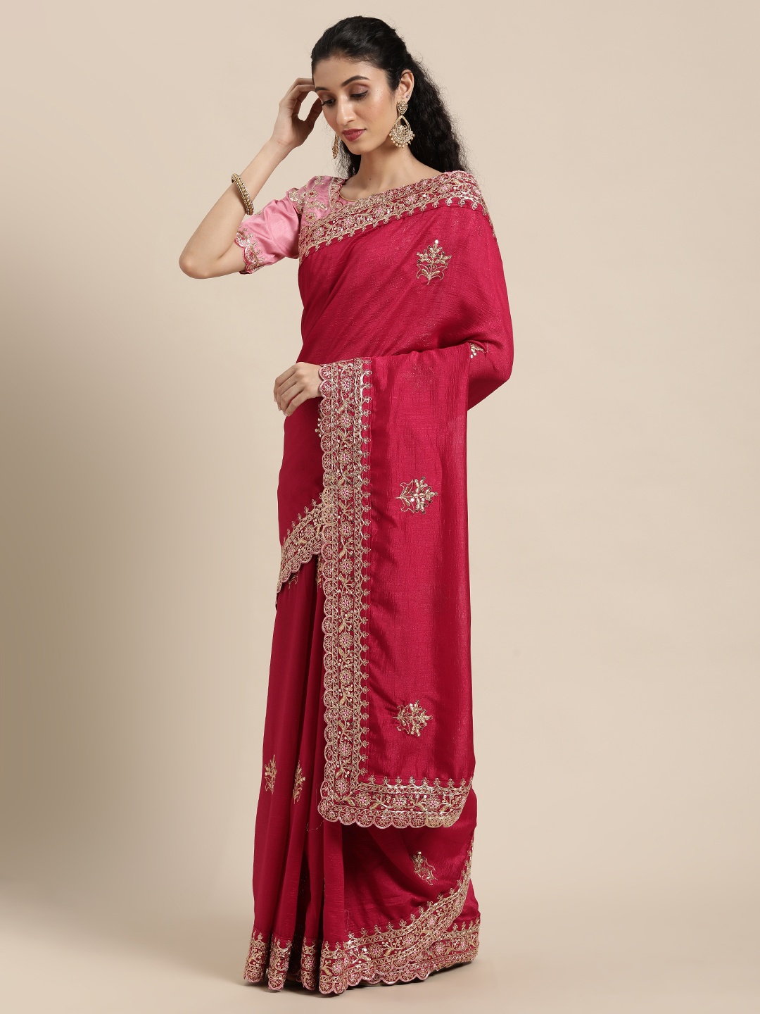 

Mitera Pink & Gold-Toned Ethnic Motifs Embroidered Silk Blend Saree
