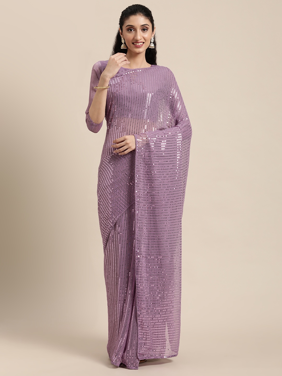 

Mitera Mauve Striped Sequinned Pure Georgette Heavy Work Saree