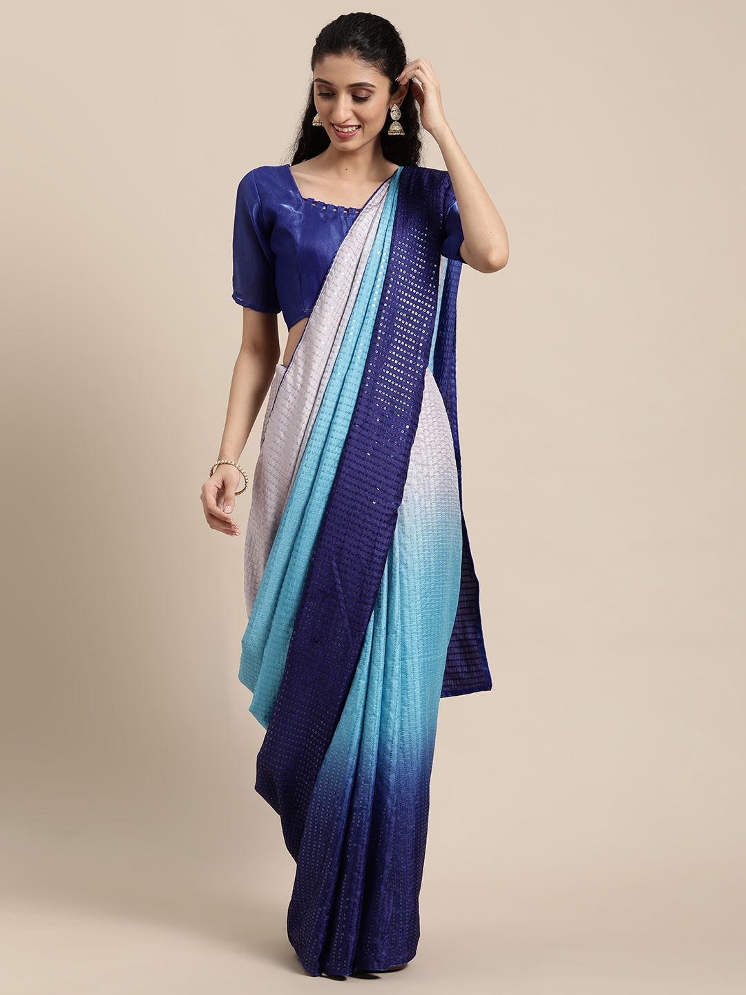 

Mitera Blue & Navy Blue Ombre Sequinned Pure Georgette Saree