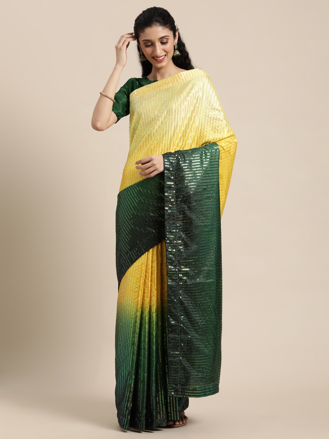 

Mitera Yellow & Green Ombre Sequinned Silk Blend Saree