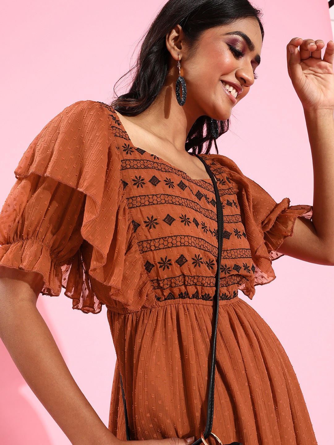 

Antheaa Rust Chiffon Midi Dress