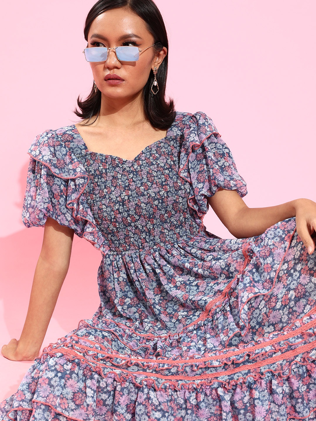 

Antheaa Blue Floral Chiffon Midi Dress
