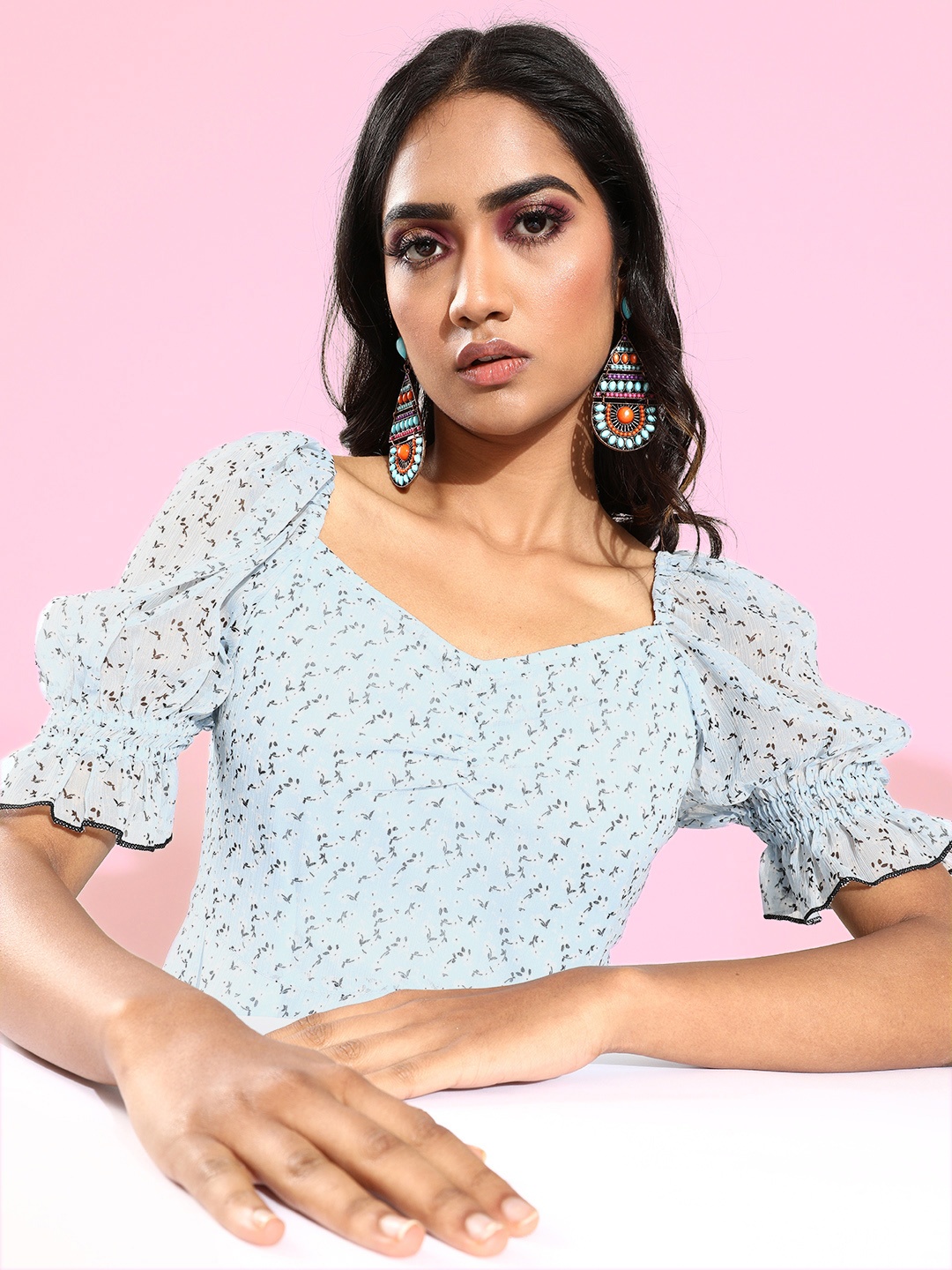 

Antheaa Blue Floral Chiffon Mini Dress