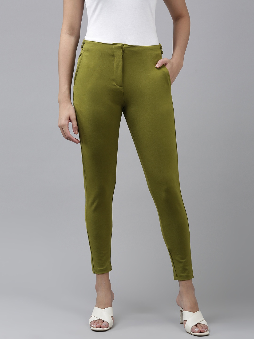 

Van Heusen Woman Regular Fit Cropped Casual Trousers, Olive