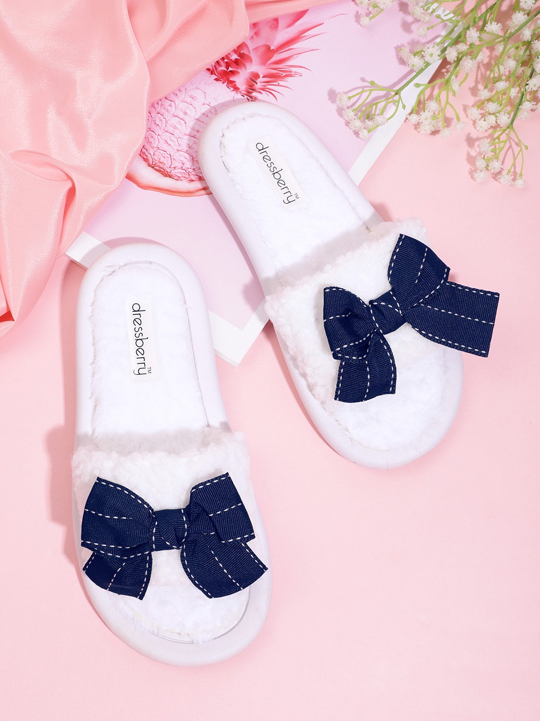 

DressBerry Women Self Design Room Slippers With Bow Detail, Navy blue