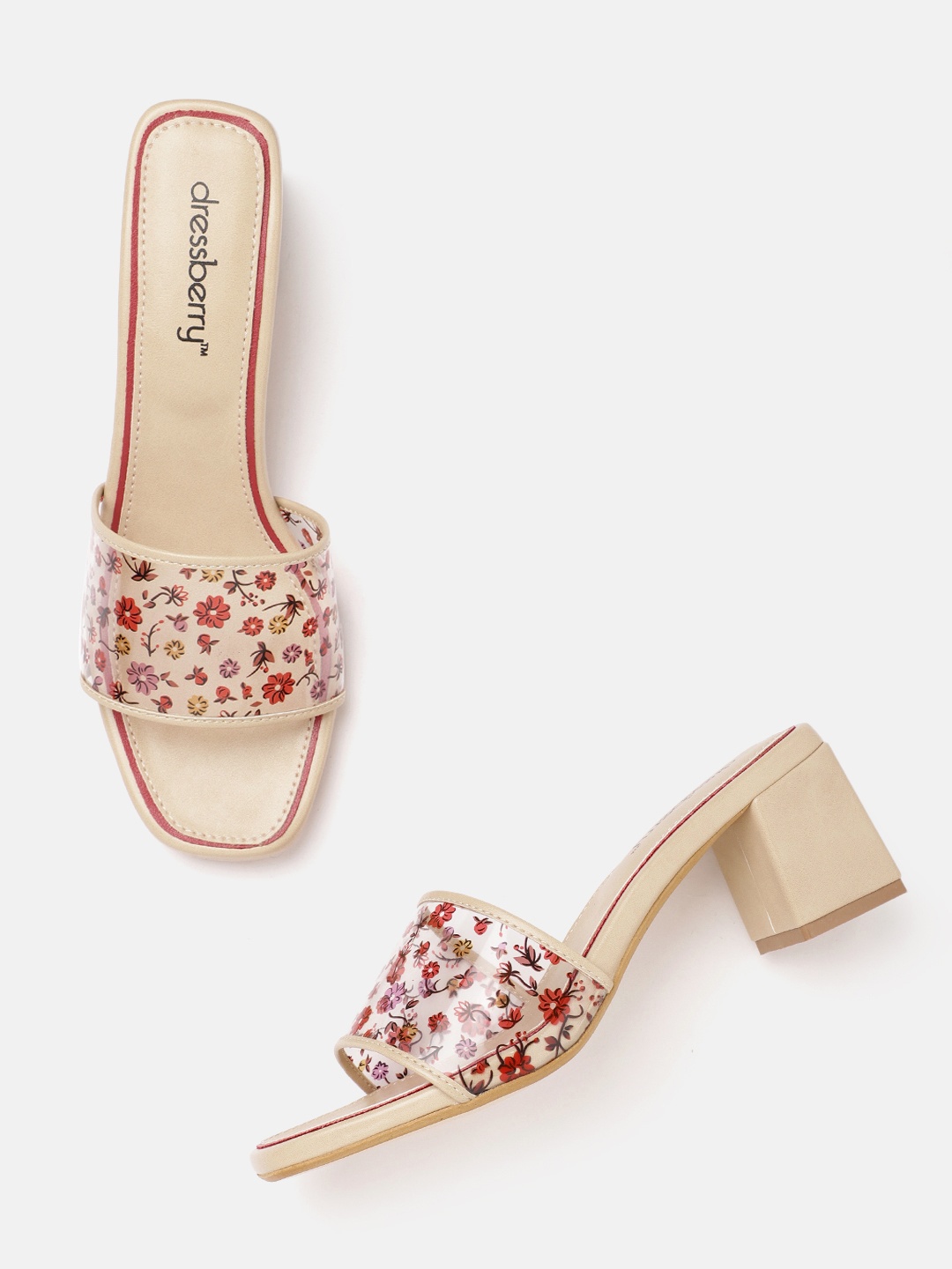 

DressBerry Women Rust Red & Transparent Floral Print Block Heels