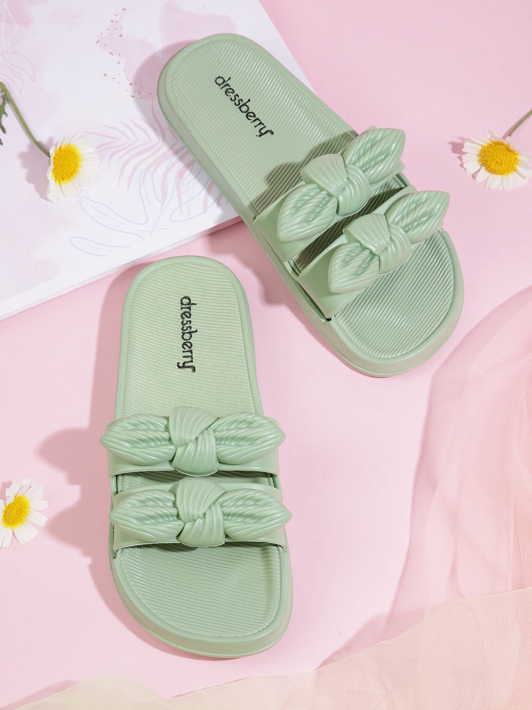 

DressBerry Women Solid Sliders with Bow Detail, Green