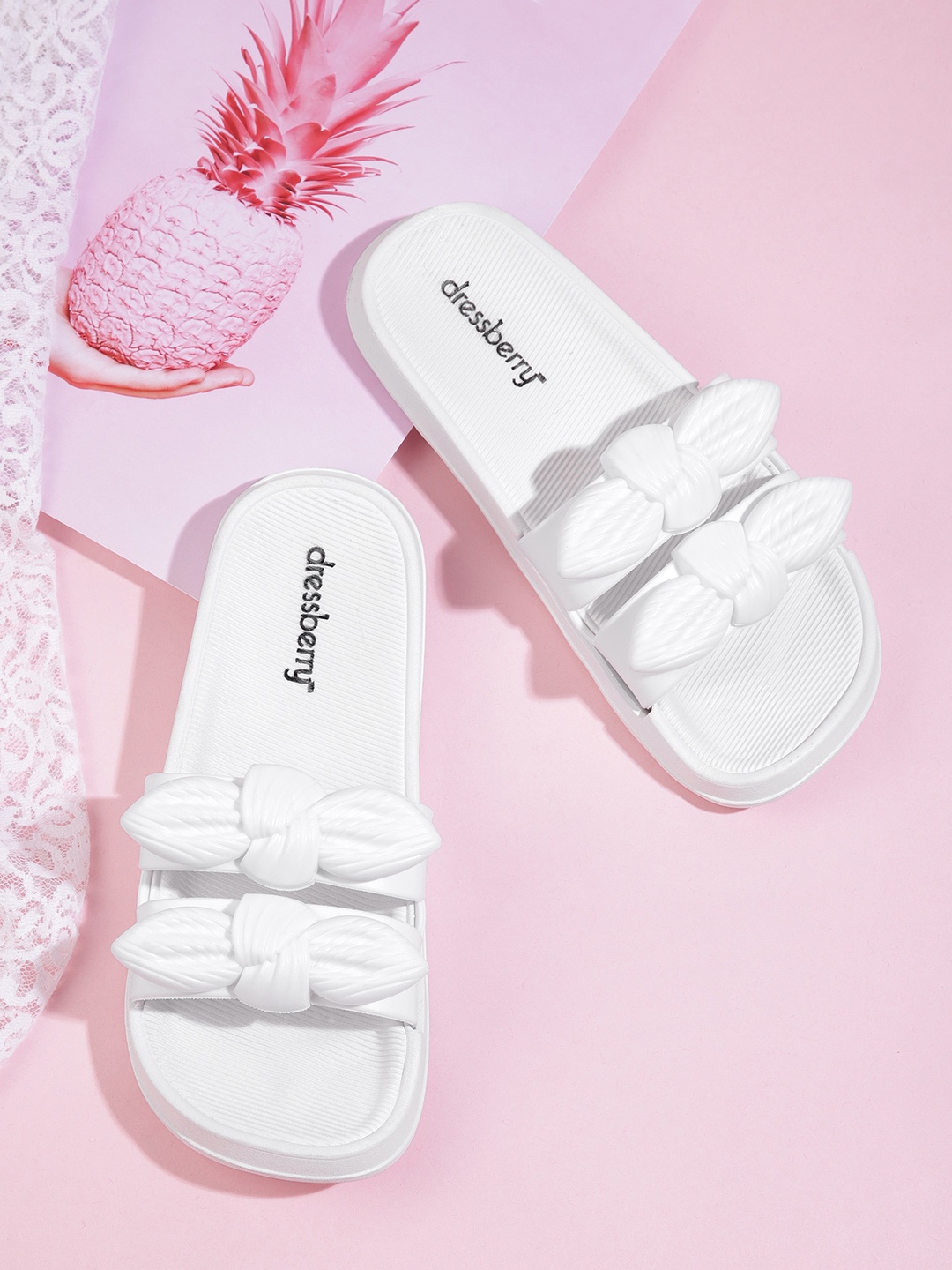 

DressBerry Women Solid Sliders with Bow Detail, White
