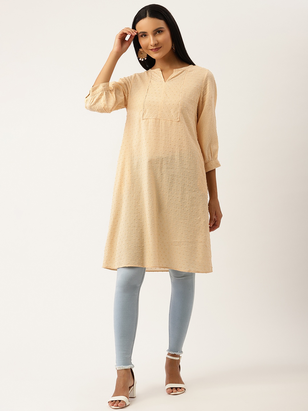 

Ancestry Women Cream-Coloured Striped Woven Design Kurta