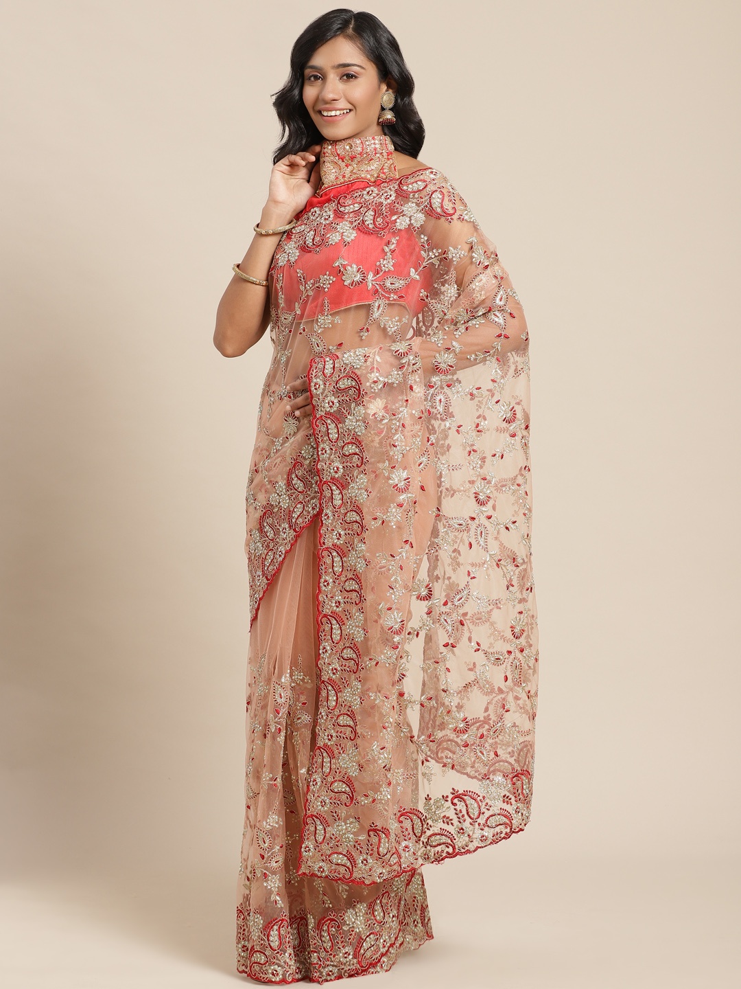 

Chhabra 555 Peach-Coloured & Golden Ethnic Motifs Resham Zari Embroidered Net Saree