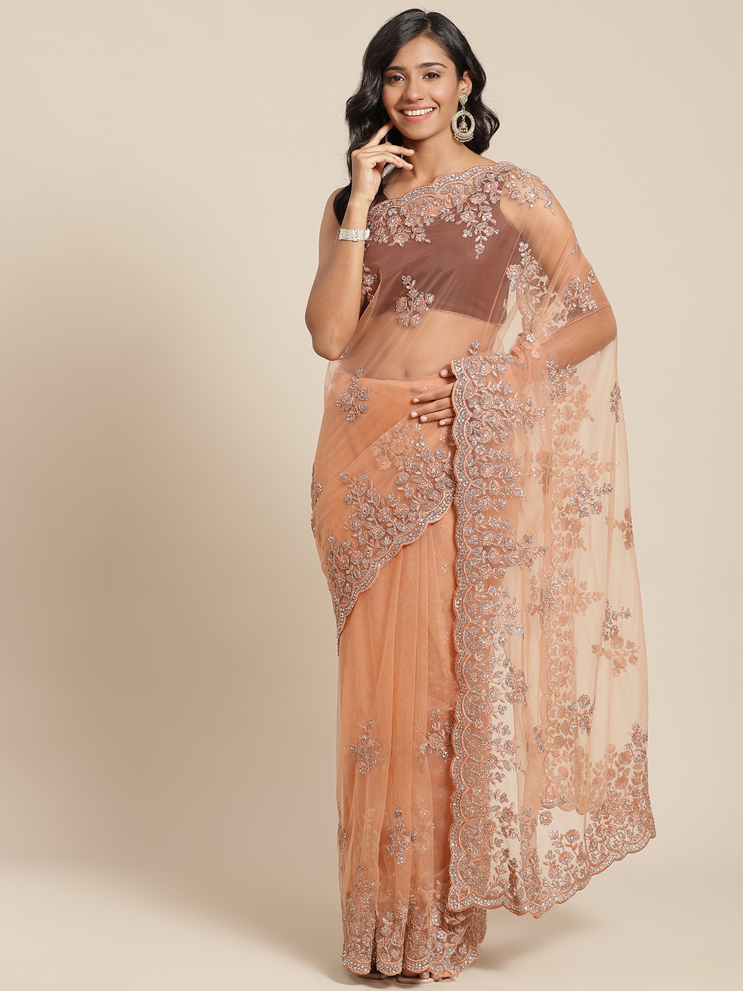 

Chhabra 555 Peach-Coloured & Golden Ethnic Motifs Resham Zari Embroidered Net Saree