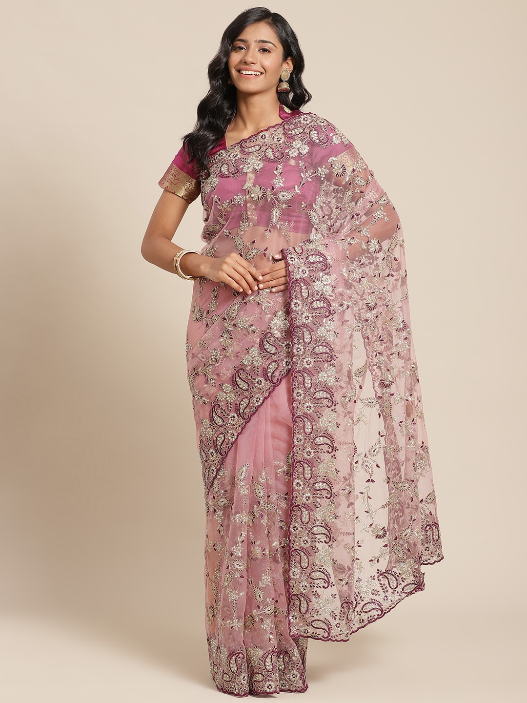 

Chhabra 555 Mauve & Purple Ethnic Embroidered Aari Work Net Saree
