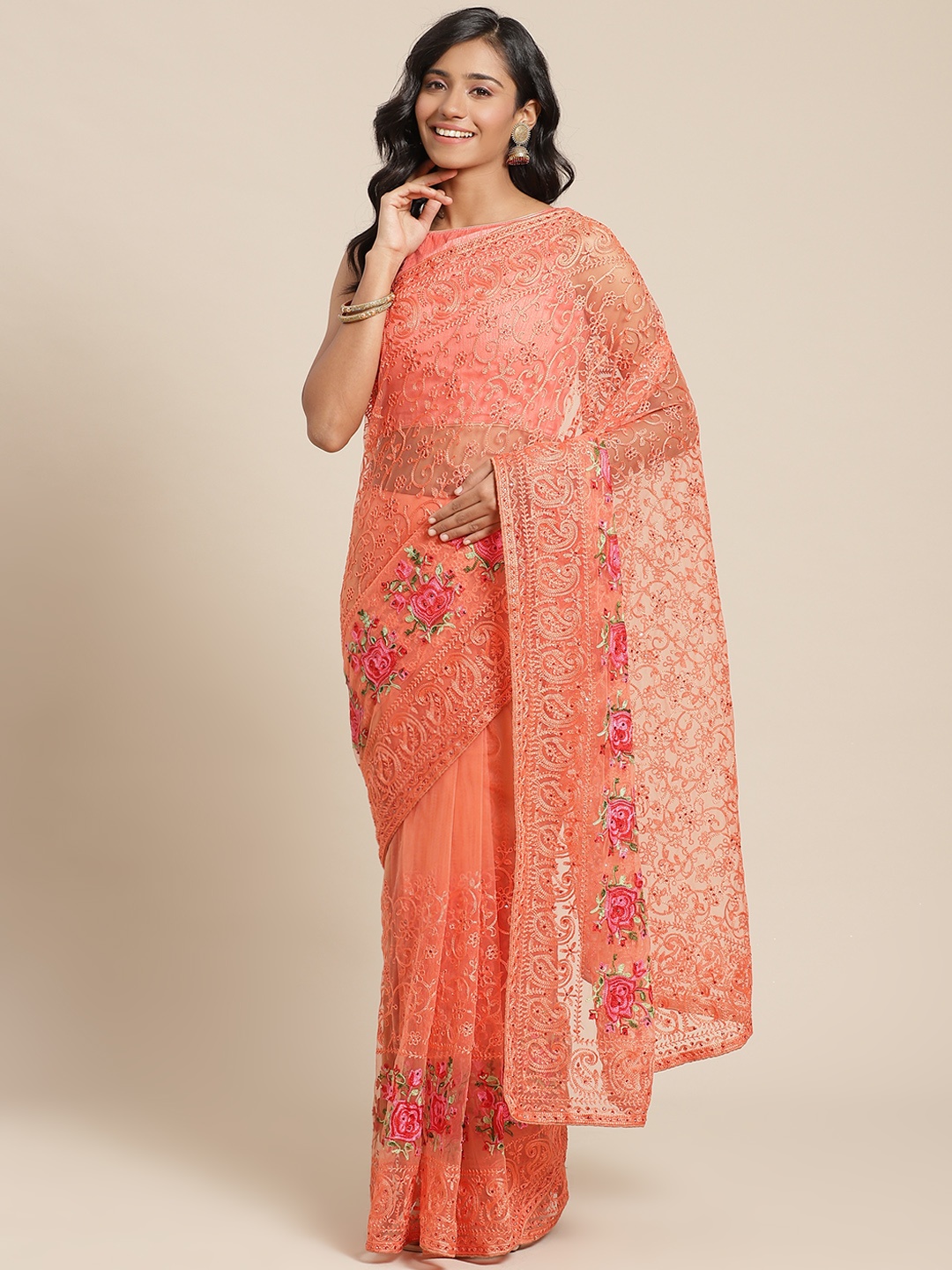 

Chhabra 555 Peach Coloured Ethnic Motifs Embroidered Net Heavy Work Saree