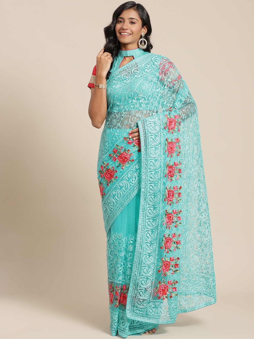 

Chhabra 555 Sea Green Ethnic Motifs Embroidered Net Heavy Work Saree