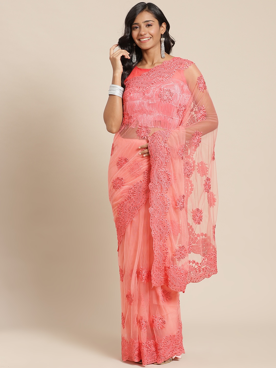 

Chhabra 555 Pink Floral Embroidered Net Heavy Work Saree