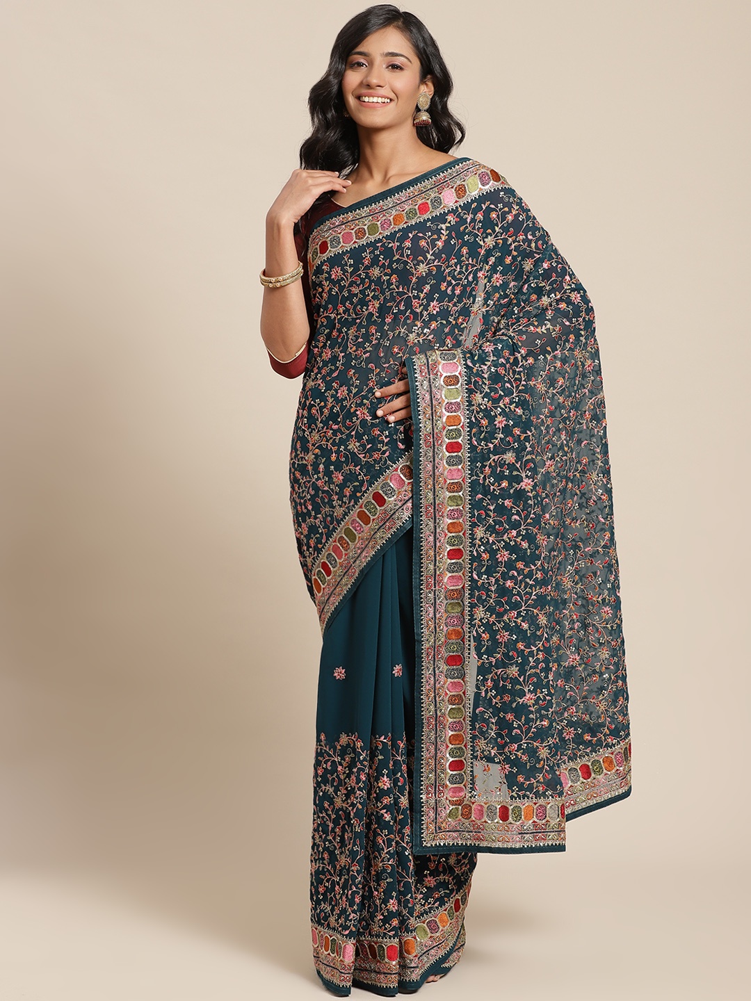 

Chhabra 555 Teal Blue & Red Ethnic Kutchi Embroidered Heavy Work Saree