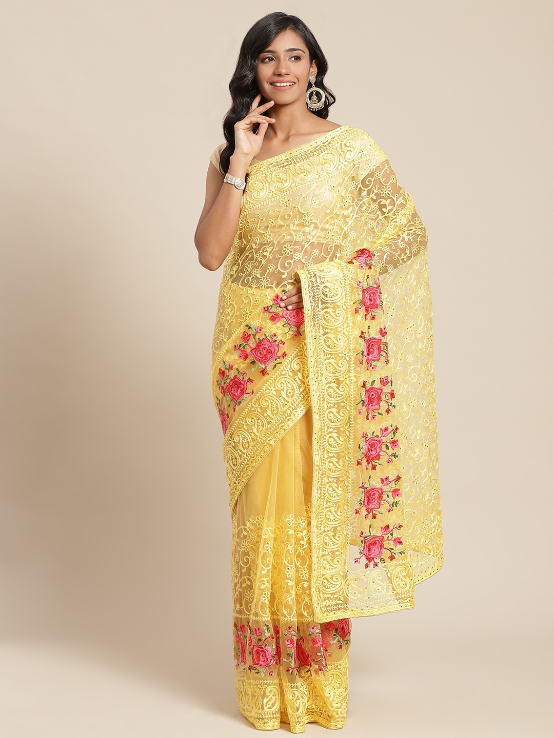 

Chhabra 555 Yellow & Pink Ethnic Embroidered Net Saree