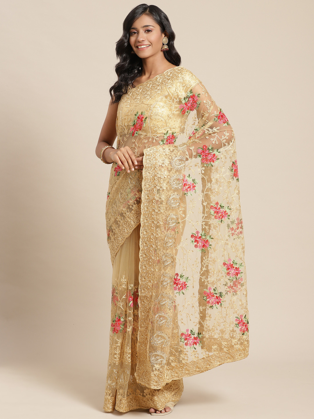 

Chhabra 555 Golden Paisley Embroidered Net Heavy Work Saree, Gold