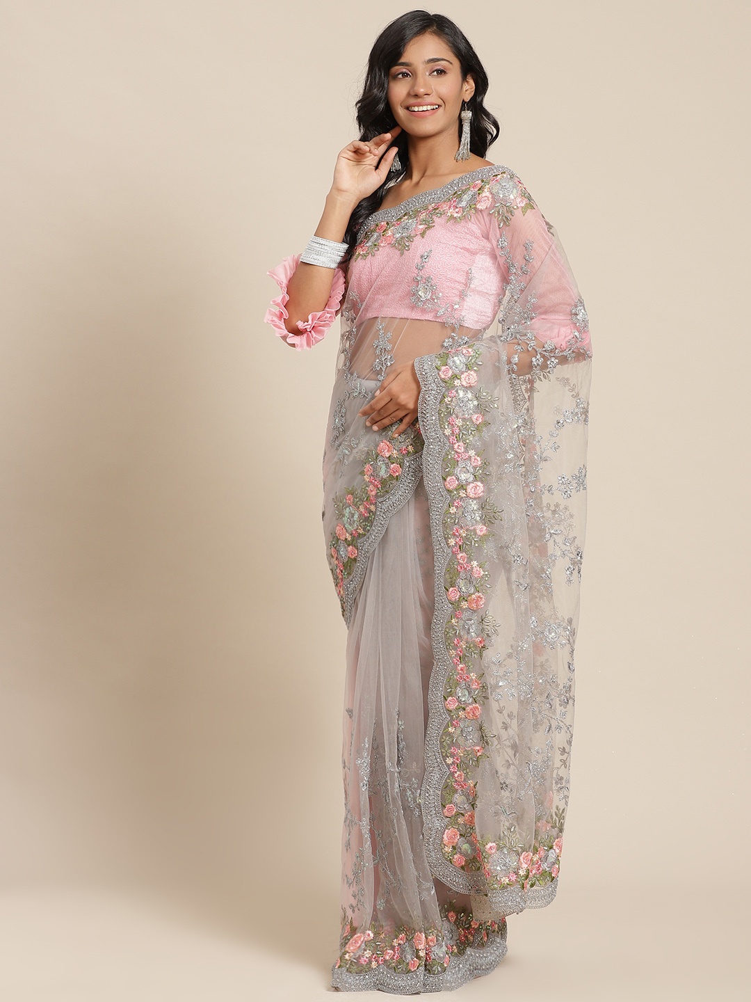 

Chhabra 555 Grey & Pink Zari Floral Embroidered Net Saree