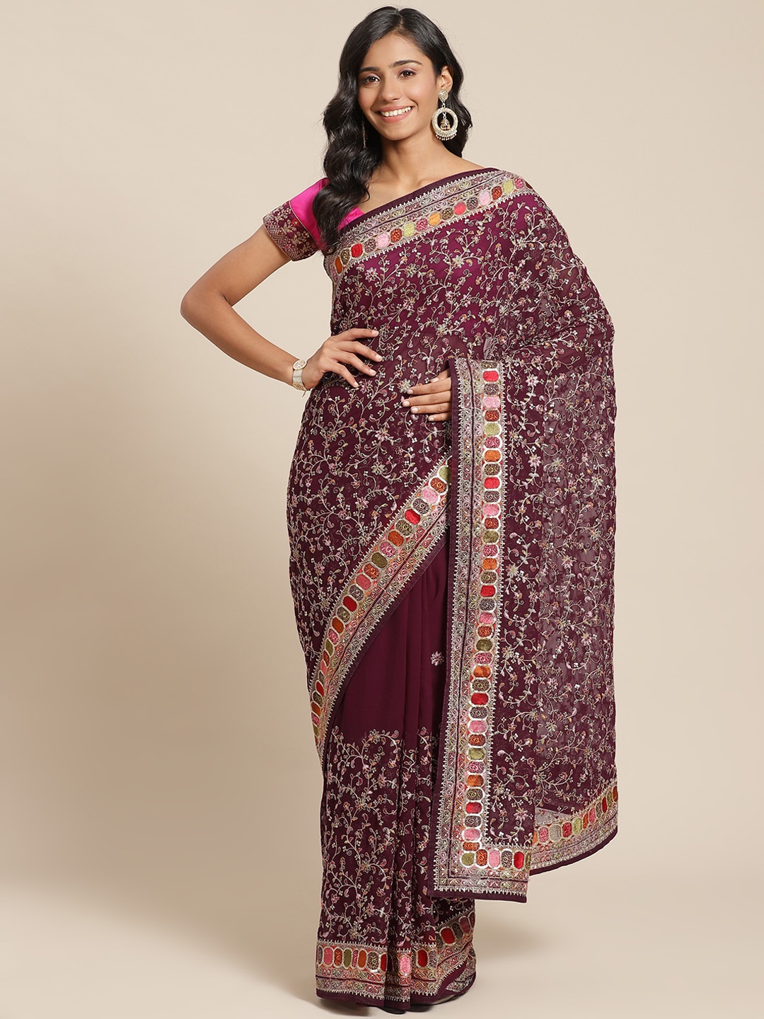 

Chhabra 555 Maroon & Golden Ethnic Kutchi Embroidered Saree