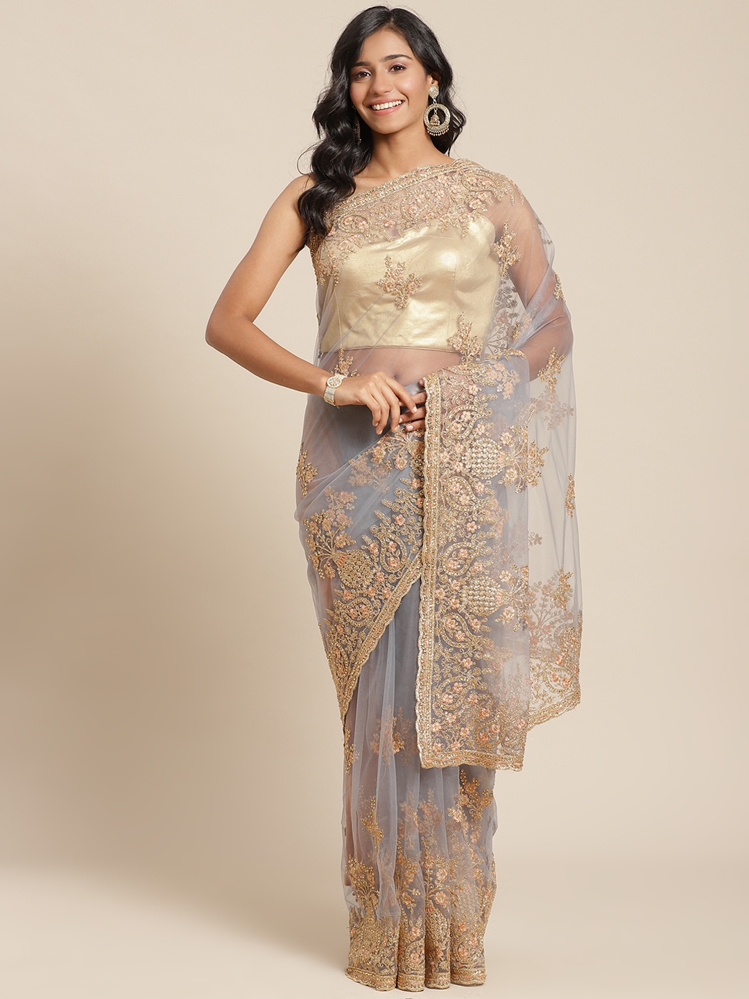 

Chhabra 555 Blue & Golden Ethnic Motifs Resham Zari Embroidered Net Saree