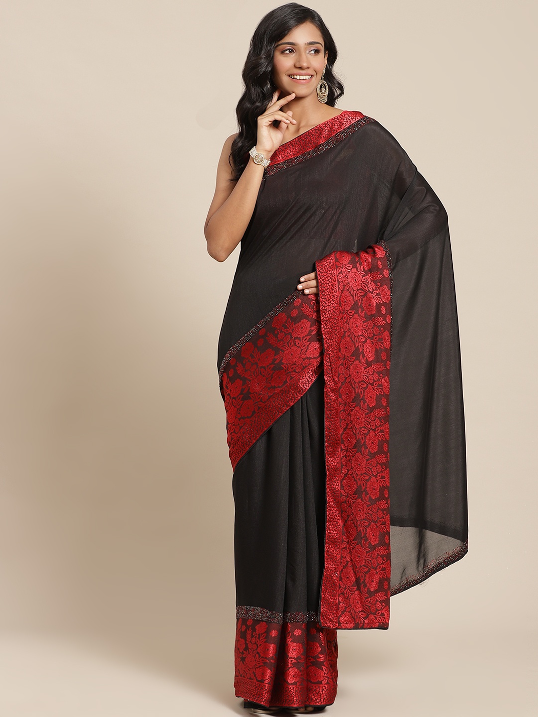

Chhabra 555 Black & Red Solid Saree With Woven Design Border