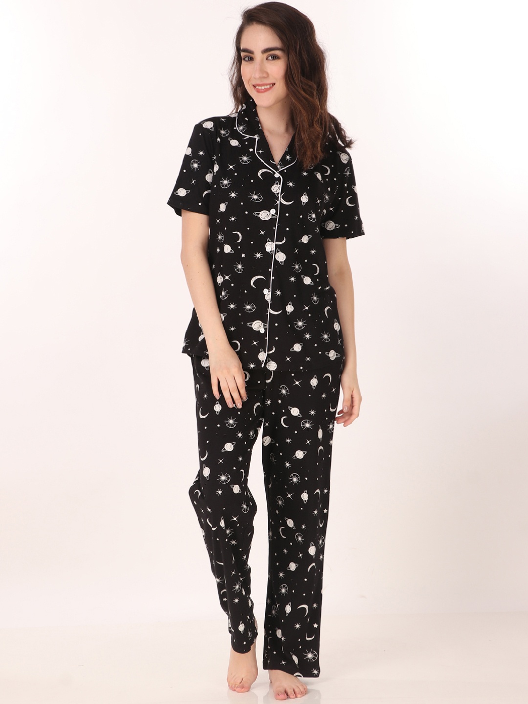 

Masha Women Black & White Printed Night Suit
