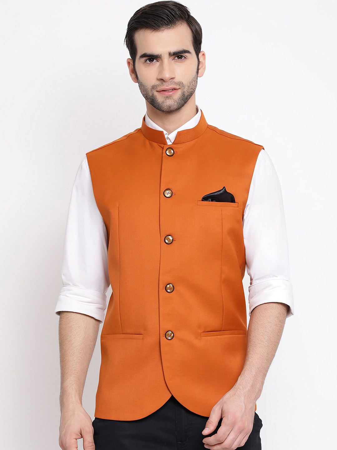 

VASTRAMAY Men Orange Solid Slim-Fit Woven-Design Nehru Jacket