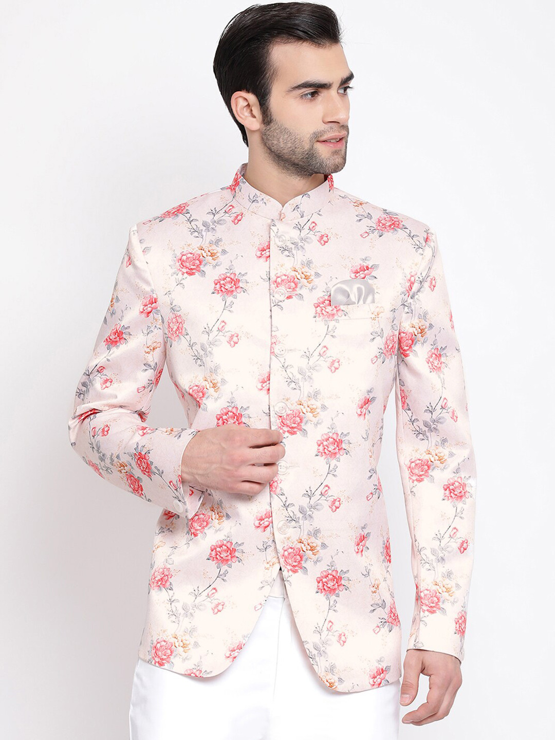 

VASTRAMAY Men Peach-Coloured & Pink Floral Digital Printed Slim-Fit Bandhgala Blazer
