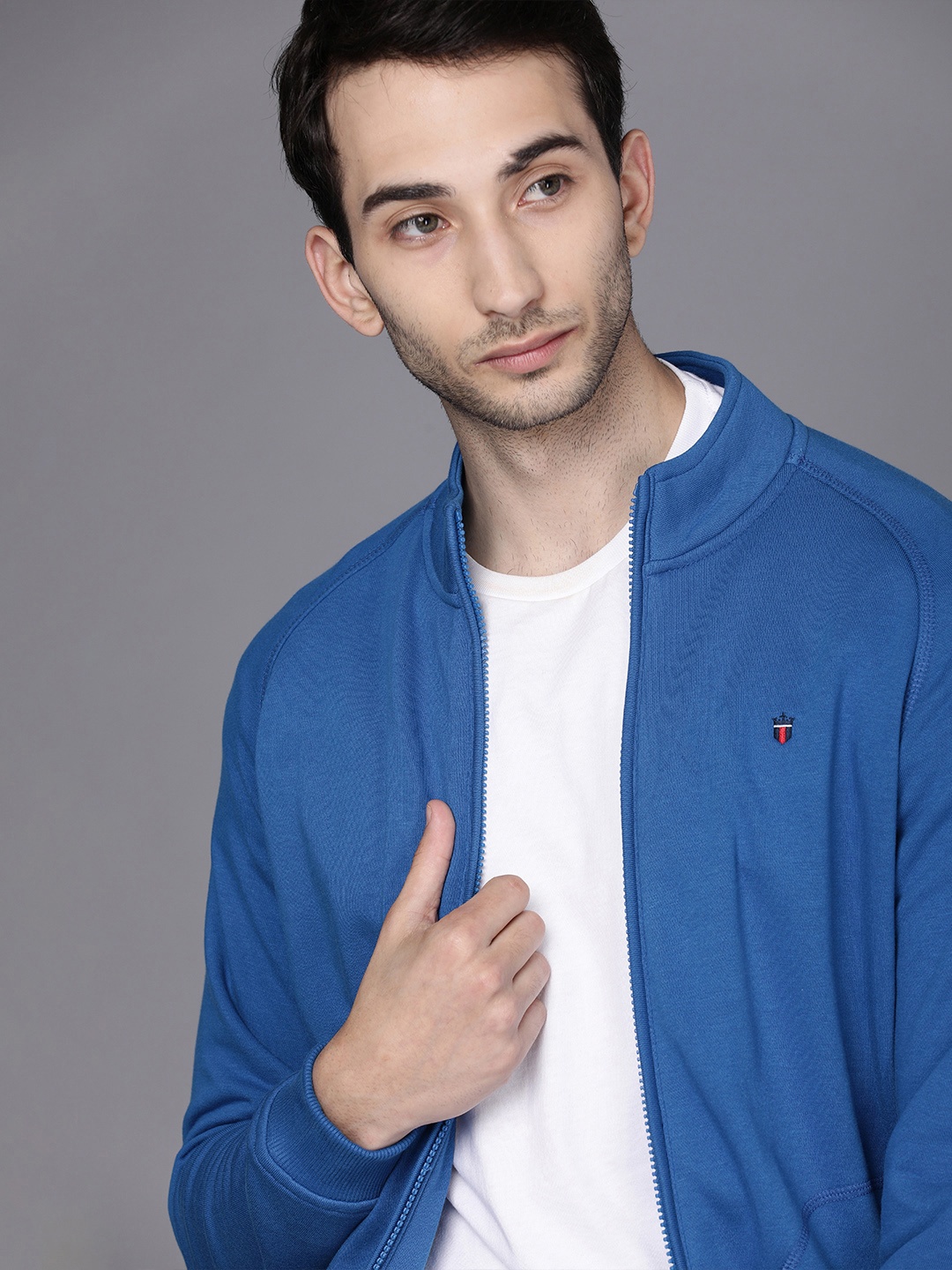 Louis Philippe Jeans Men Blue Solid Front Open Sweatshirt