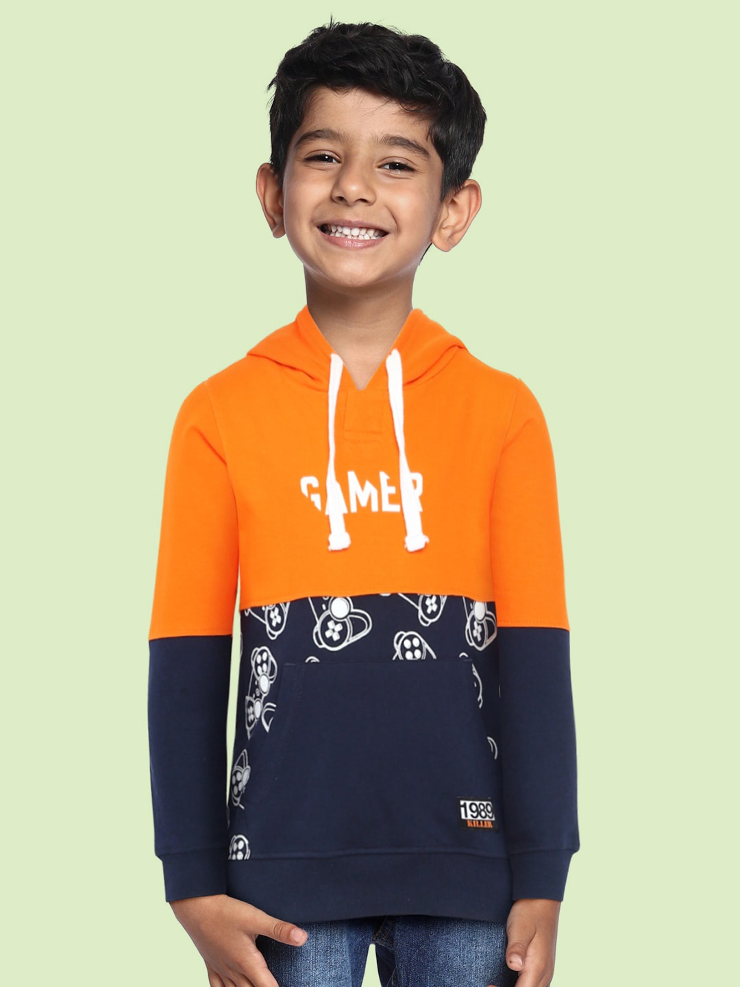 

Killer Boys Orange & Navy Blue Printed Pure Cotton Hooded Sweatshirt